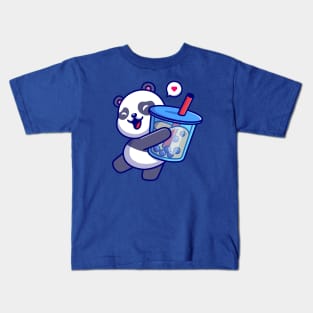 Cute Panda Holding Boba Milk Tea Drink Cartoon Kids T-Shirt